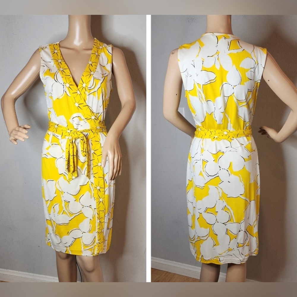 Diane von Furstenberg Yellow White New Yahzi Printed Silk Wrap Dress. Size 10